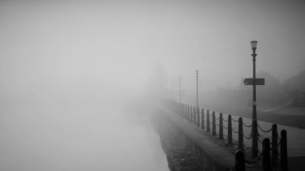 Grayscale Shot Bridge Covered Fog Perfect Spooky Concepts — Stock Photo, Image