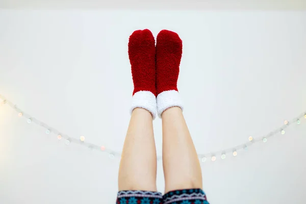 Human Feet Red Socks Merry Christmas Concept — Stock Photo, Image