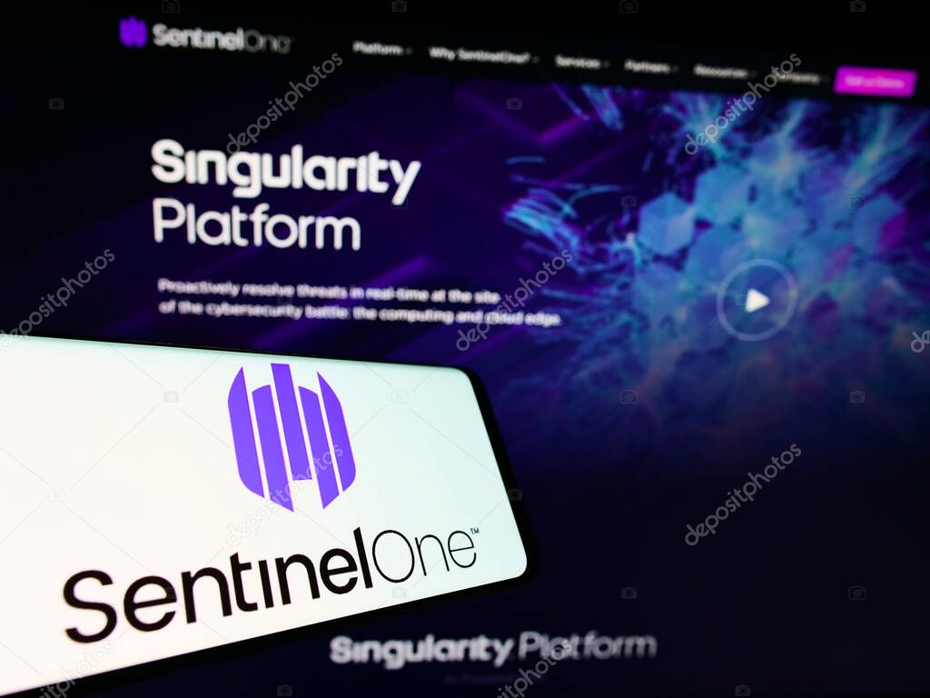 STUTTGART, GERMANY - Jul 05, 2021: Cellphone with logo of cybersecurity firm Sentinel Labs Inc. (SentinelOne) on screen in front of website. Focus on center-right of phone display.