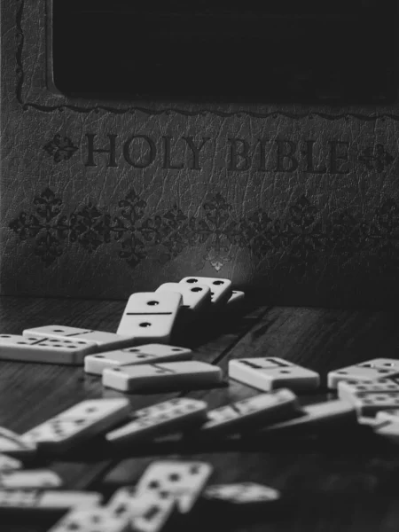 Dominoes Laying Ground Holy Bible — Stock Photo, Image