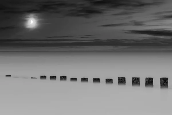 夕暮れ時の曇天に合わせ 水中の木製の棒のグレースケールの景色 — ストック写真