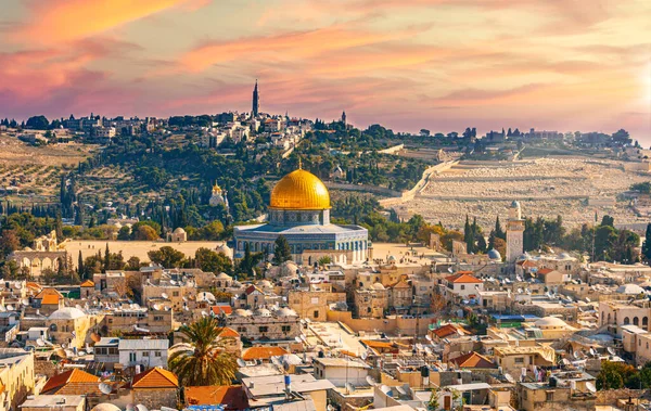 Kolorowe Zachody Słońca Niebo Widok Lotu Ptaka Arabskiej Dzielnicy Jerozolimy — Zdjęcie stockowe