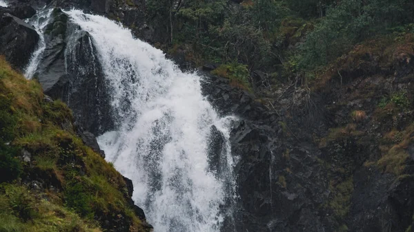 ノルウェーの木の崖の間の滝の流れの美しい近景 — ストック写真