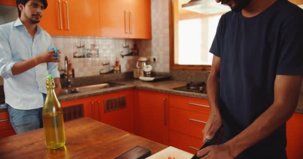 Two Indian Men Talking Kitchen — Vídeo de Stock