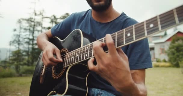 Young Indian Man Park Playing Guitar — стоковое видео