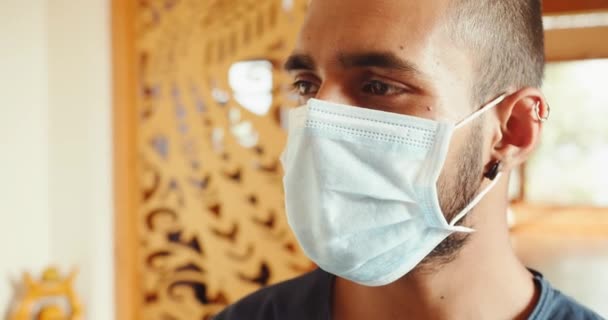 Young Handsome Indian Man Wearing Face Mask Room — Vídeos de Stock