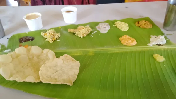 Selective Focus Picture Food Being Served Banana Leaf Southern India — Stock Photo, Image