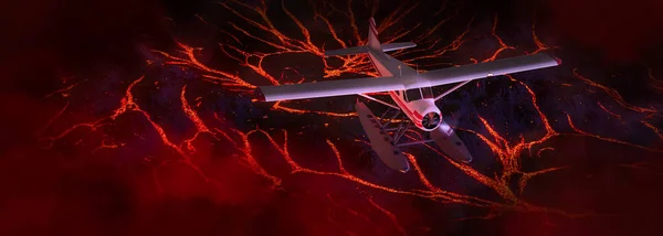 Hidroavión Volando Sobre Montaña Oscura Con Lava Roja Caliente Escena —  Fotos de Stock