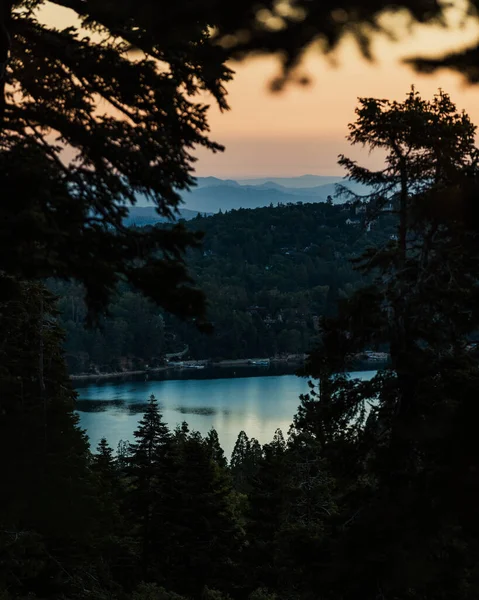 Uma Vista Natural Lago Calmo Floresta Verde Pôr Sol — Fotografia de Stock