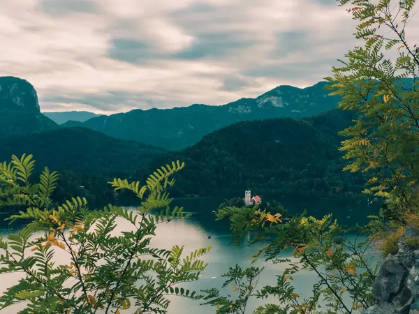 숲으로 산들로 둘러싸인 너덜너덜 호수의 — 스톡 사진