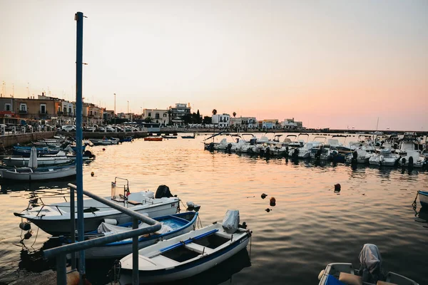 Güzel Bir Günbatımının Altında Sakin Bir Kıyıya Demirlemiş Teknelerin Manzarası — Stok fotoğraf