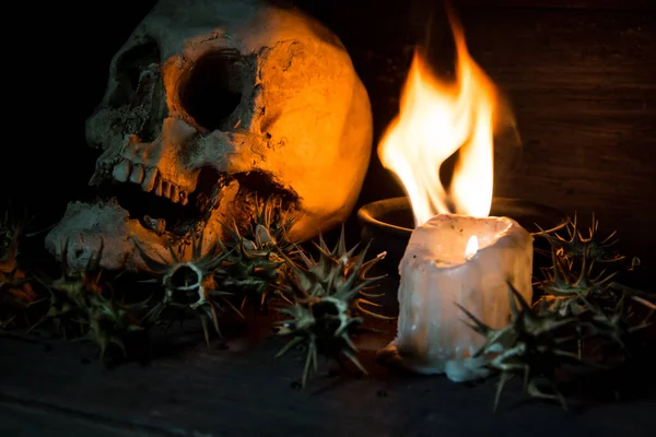 人間の頭蓋骨の炎と煙でバーナンダ シャーマンの儀式 — ストック写真