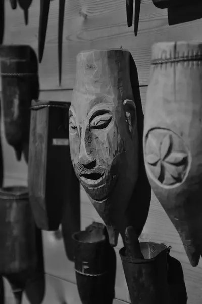 Vertical Grayscale Shot African Masks Wall — Stock Photo, Image