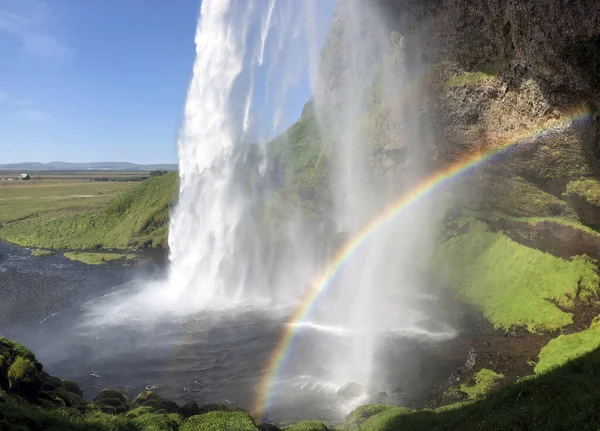 Водопад Seljalandsfoss Южном Побережье Исландии Солнечный День — стоковое фото