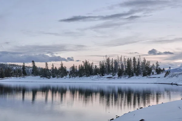 Een Betoverend Uitzicht Meer Water Reflecterend Bos Bomen Bedekt Met — Stockfoto