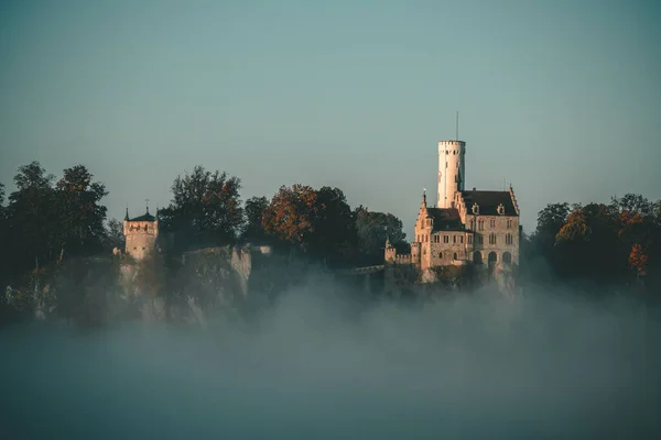 Hermoso Paisaje Del Castillo Lichtenstein Alemania Junto Árboles Verdes Bajo — Foto de Stock