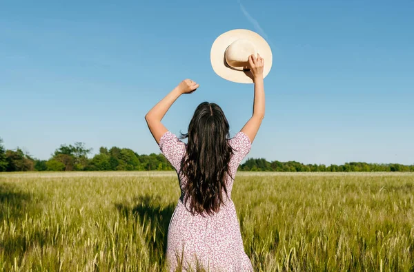 Lifestyle Image Beautiful Woman Long Hair Walking Field Wheat Barley — Stock Photo, Image