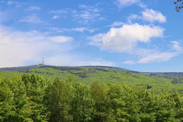 Hermoso Paisaje Las Montañas Vista Transmisor Con Bosques Verdes Cielo —  Fotos de Stock