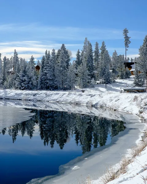Захватывающий Вид Озерную Воду Отражающую Лесные Деревья Покрытые Снегом Холодный — стоковое фото