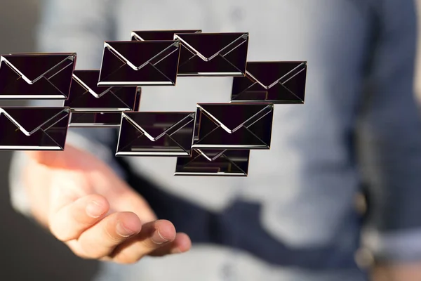 Uma Renderização Ícones Mail Flutuantes Mão Homem Conceito Comunicação Negócios — Fotografia de Stock