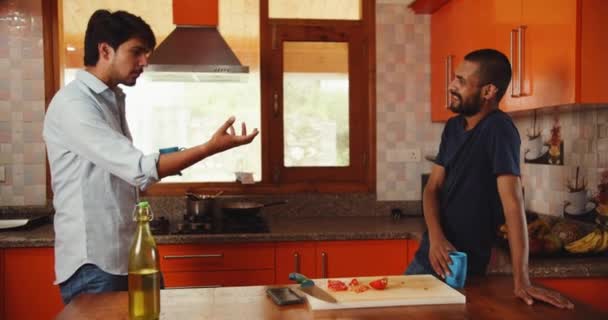 Two Indian Men Talking Kitchen — Vídeo de Stock