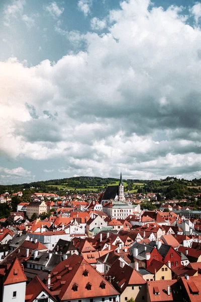 Vertikal Bild Den Tjeckiska Staden Cesky Krumlov Från Slottet Tornet — Stockfoto