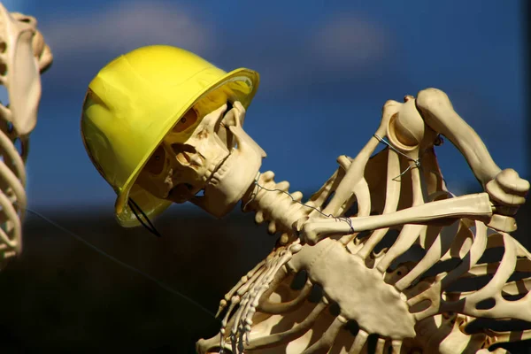 Plan Rapproché Squelette Humain Portant Casque Construction Jaune Sur Crâne — Photo