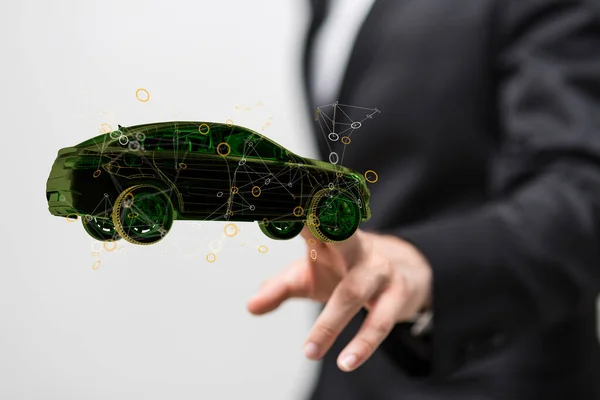 一个男人指着一辆自动驾驶的电动车的3D渲染 — 图库照片