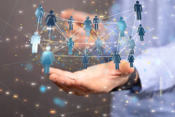 A 3D rendering of digital human icons with hand pointing at it from the background- digital business communication concept