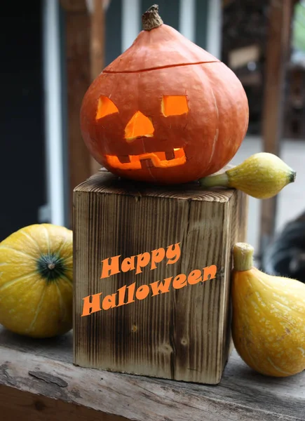 Festive Halloween Composition Pumpkins Jack Lantern Placed Wooden Stand Royalty Free Stock Photos