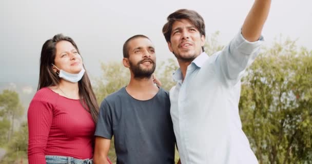 Group Friends Enjoying Picnic Park Taking Selfie — Video