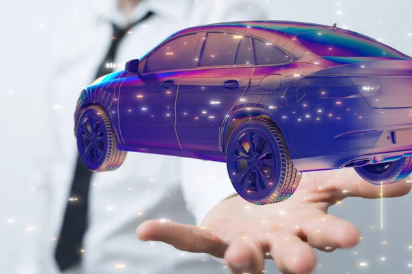 一辆汽车的3D全息图和悬停在空中的二进制数字 用一只手从后面指向它 — 图库照片