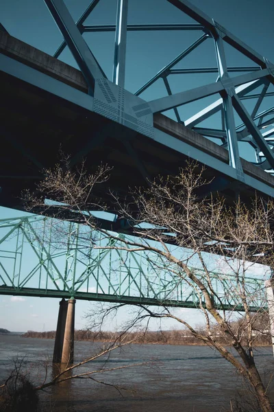 Plan Vertical Grand Pont Bleu Sur Rivière Par Une Journée — Photo