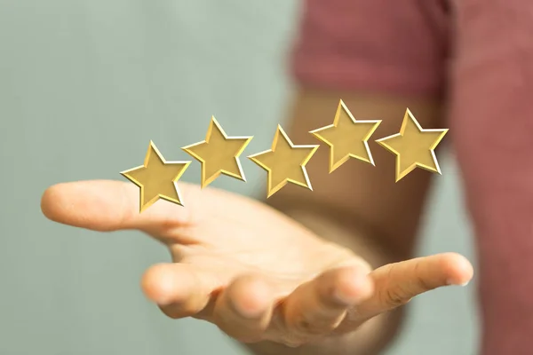 A 3d rendering of a review icon and rating stars showing feedback
