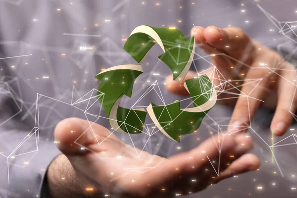 Vykreslení Digitální Objemové Zelené Recyklační Značky Lidské Ruce — Stock fotografie