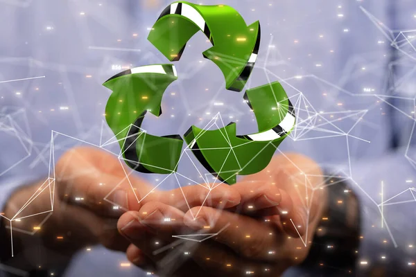 Een Weergave Van Een Digitaal Volumetrisch Groen Recyclingbord Een Menselijke — Stockfoto
