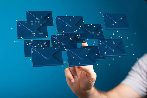 Uma Renderização Ícones Caixa Entrada Mail Flutuando Mão Empresário — Fotografia de Stock