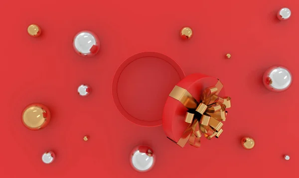 Uma Caixa Presente Natal Vazia Com Brinquedos Fundo Vermelho — Fotografia de Stock