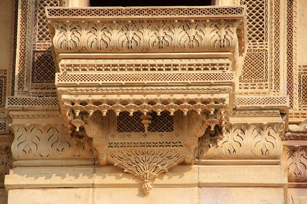 Design Intrincado Base Janela Patawon Haweli Jaisalmer Fort Jaisalmer Rajasthan — Fotografia de Stock