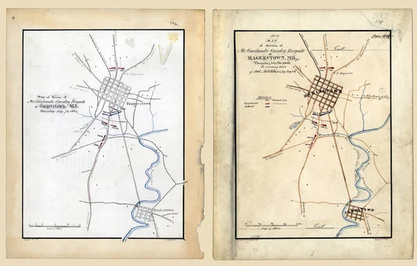 Stara Antyczna Mapa Akcji Brygady Kawalerii Mccausland Hagerstown — Zdjęcie stockowe