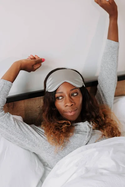 Vertical Shot Black Female Lying Blanket Pajamas Eye Sleep Mask — Stock Photo, Image