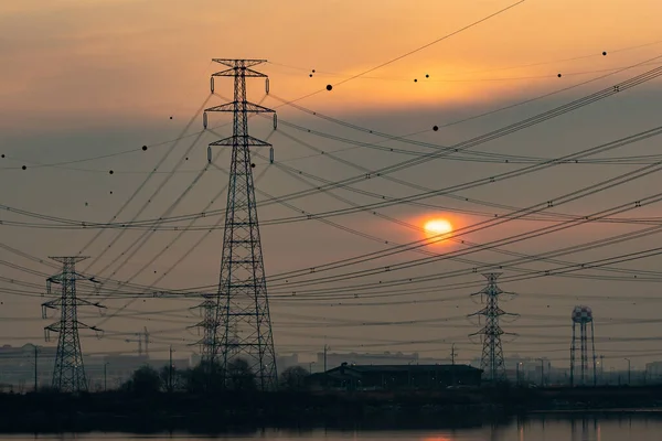 高压电塔交叉绳索上迷人的落日景象 — 图库照片