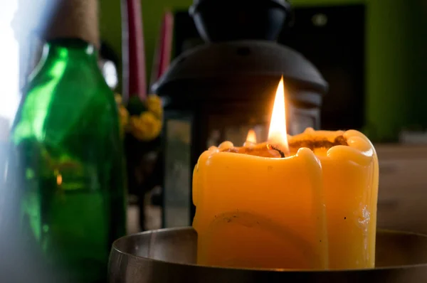 Close Shot Glowing Candle Table Daytime — Stock Photo, Image