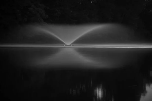 Uma Imagem Tons Cinza Uma Fonte Refletida Lago Noite — Fotografia de Stock