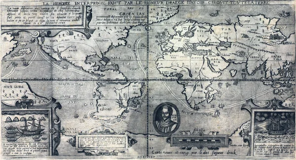 Antigo Mapa Mundo Gravado Circum Navegação Francis Drake Também Conhecido — Fotografia de Stock