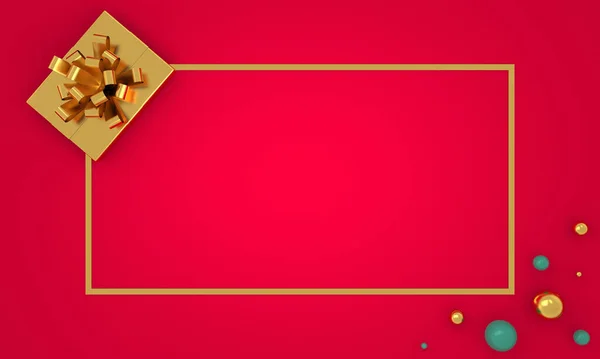 Christmas Frame Red Background Golden Gift Toys Copy Space — Stock Photo, Image