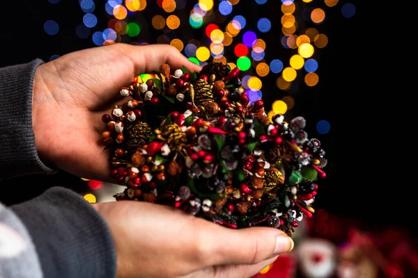 Closeup Female Hands Holding Colorful Decoration Bokeh Lights Background — Stock Photo, Image