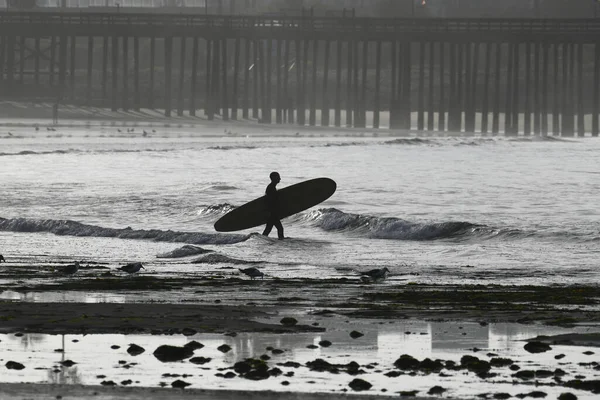 Una Silueta Hombre Sosteniendo Una Tabla Surf Por Ventura Beach —  Fotos de Stock