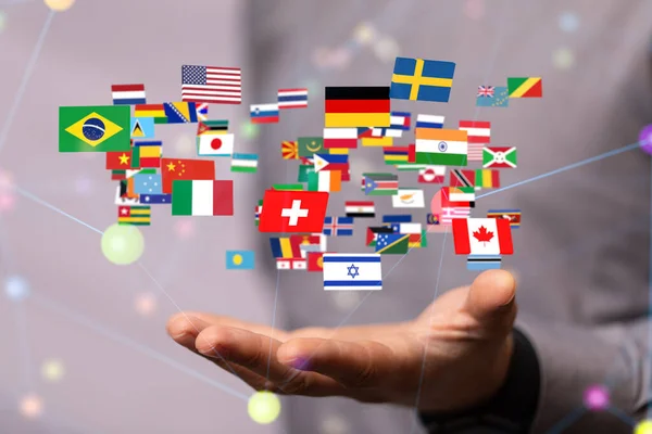 Человек Представляющий Виртуальную Проекцию Флагов Международных Стран Двоичными Кодами — стоковое фото