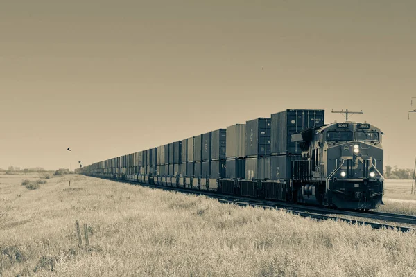 Raylardaki Endüstriyel Trenin Gri Tonlu Görüntüsü — Stok fotoğraf
